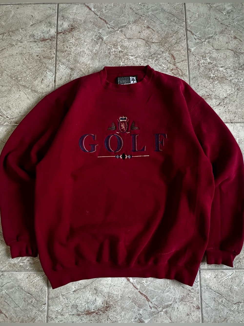 Vintage Oversized Burgundy Embroidered Golf Crewneck Sweater Snowshoe Thompson